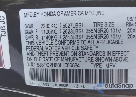 2020 Acura Rdx A-Spec Package из США, поврежденный, VIN 5J8TC2H68LL006884